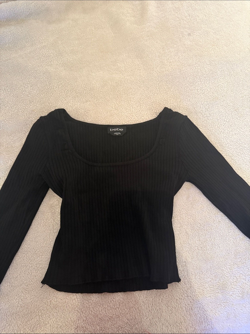 bebe Black Ribbed Scoop Neck Long Sleeve Top - Slim Fit